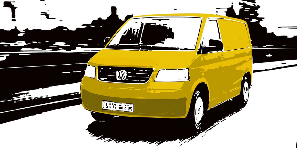 Stilisierte Grafik eines gelben VW-Bus auf einer Straße fahrend