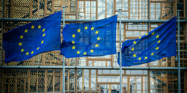 Flaggen der Europäischen Union wehen im Wind vor dem Europa-Gebäude in Brüssel.